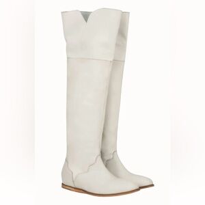 Genuine Leather Cream Over The Knee Women's Boots/ also can roll down!